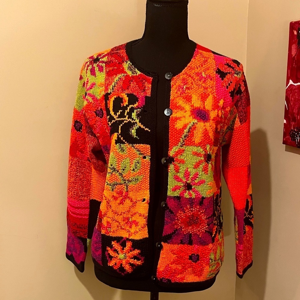 Vintage Hand Knit Susan Bristol Patchwork Cardigan, Pink,Orange & Green, Small